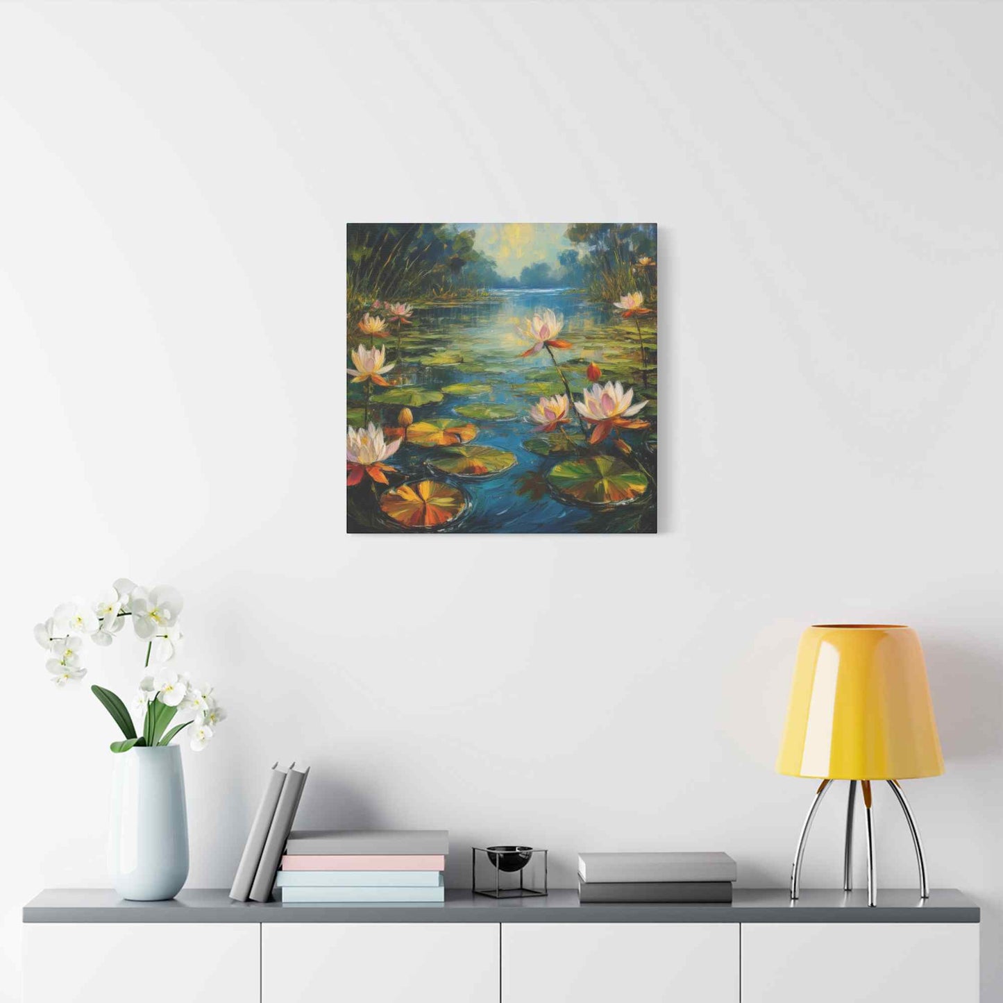 Water Lilies Print Canvas, Oil Paint Print 20x20, 24x24, 30x30, 32x32, 36x36 Art Design Print Pine-Wood Inner Frame MC-62