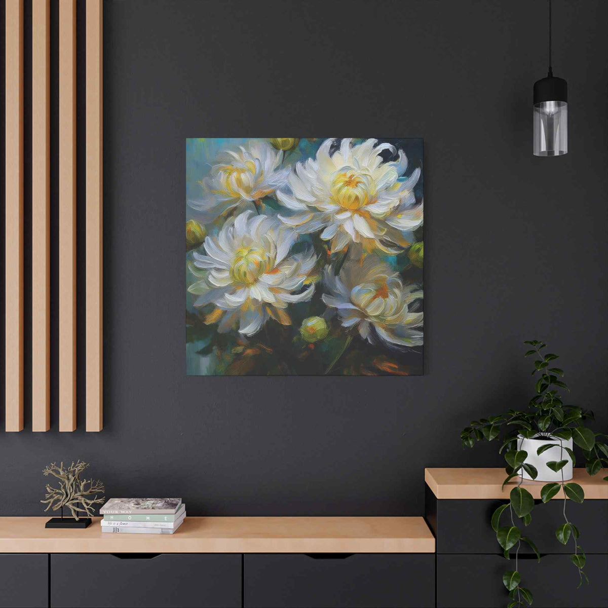 Chrysanthemums Print Canvas, Floral Oil Paint Print 20x20, 24x24, 30x30, 32x32, 36x36 Art Design Pine-Wood Inner Frame MC-159