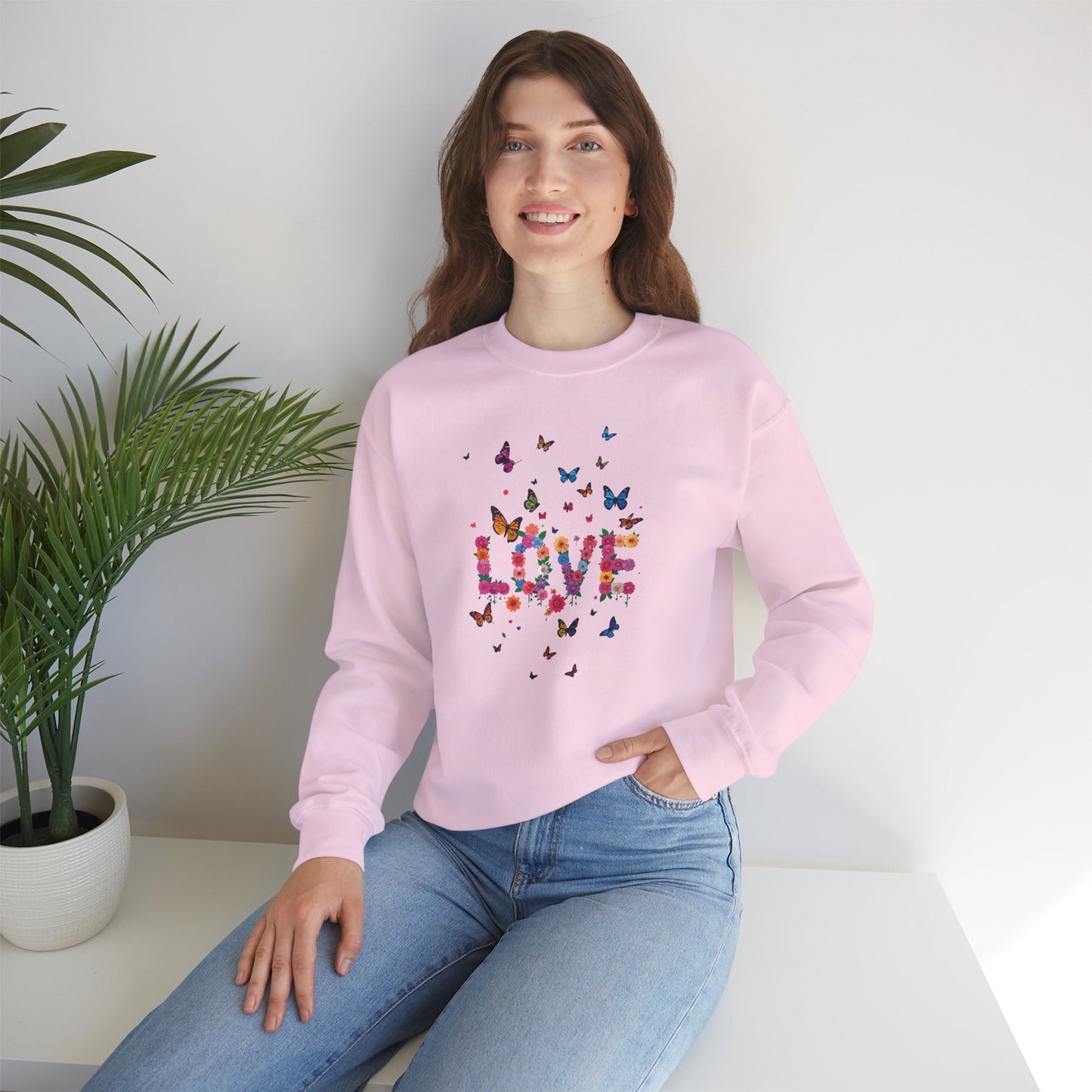 Unisex Floral Love Sweatshirt, Love Floral Sweatshirt, Floral Butterfly Sweatshirt, 50/50 Cotton-Poly Valentine's Day Sweatshirt 08