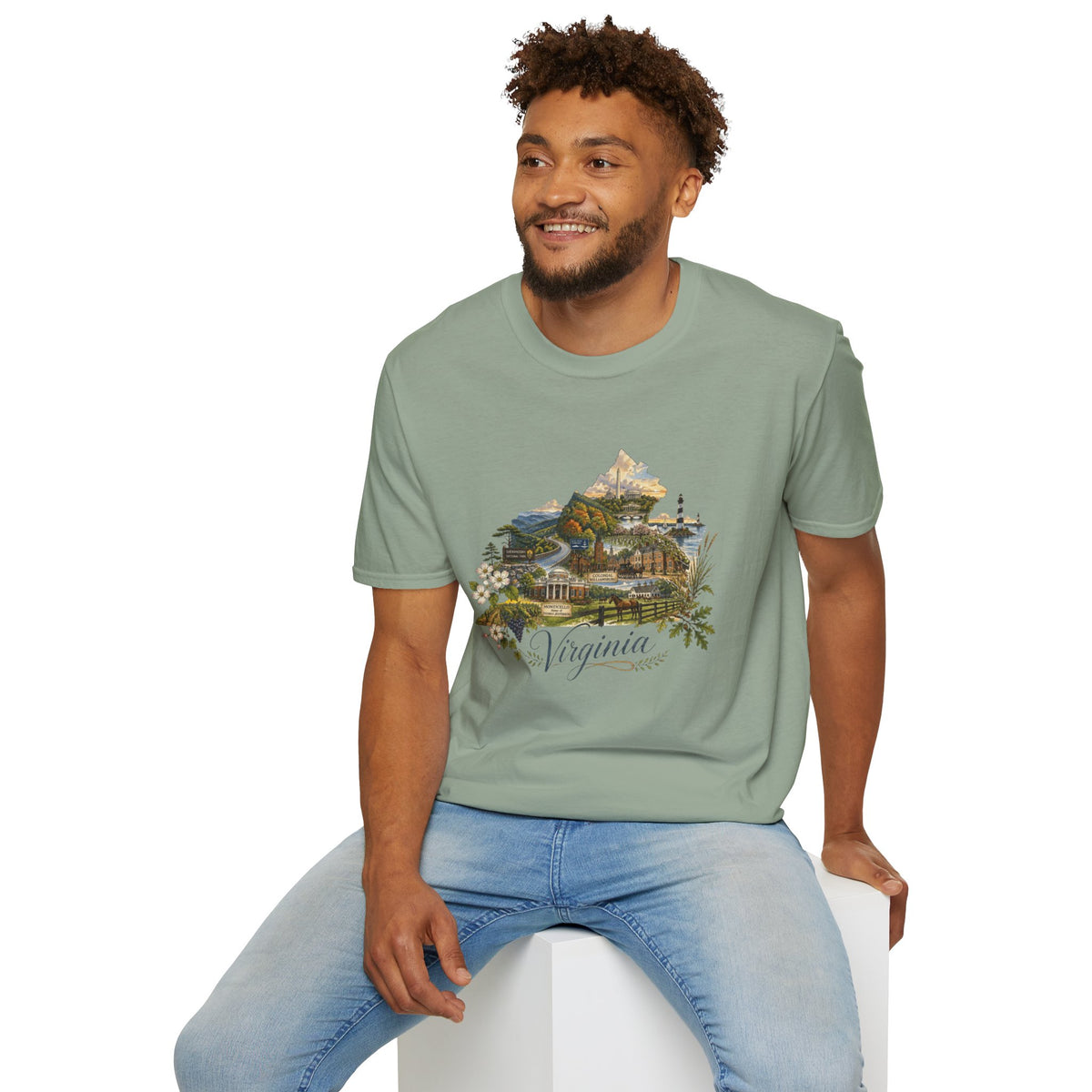 Virginia State Scenic T-Shirt — Vintage Mountains & Coastal Landmarks Travel Tourist Graphic Design Unisex 100 Cotton Gildan T-Shirt