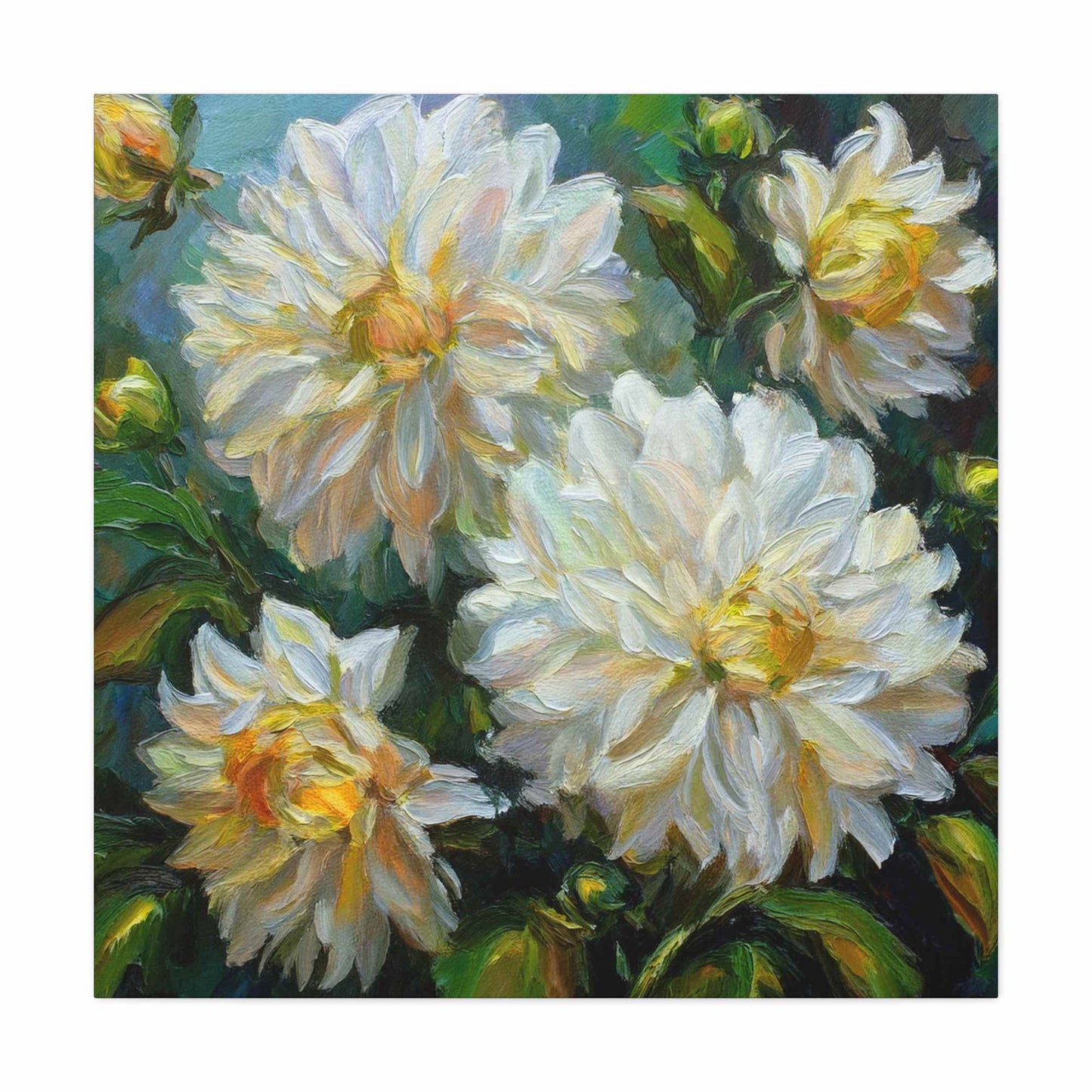 White Dahlias Print Canvas, Floral Oil Paint Print 20x20, 24x24, 30x30, 32x32, 36x36 Art Design Pine-Wood Inner Frame MC-169