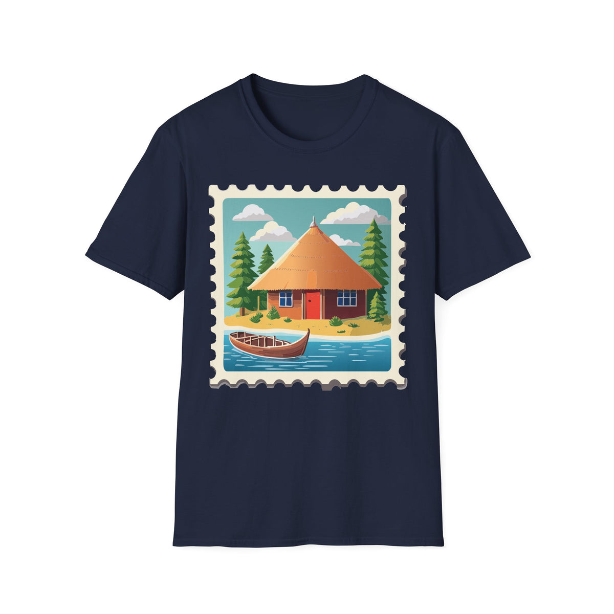 Cozy Lakeside Cottage Illustration T-Shirt | Retro Stamp Artwork