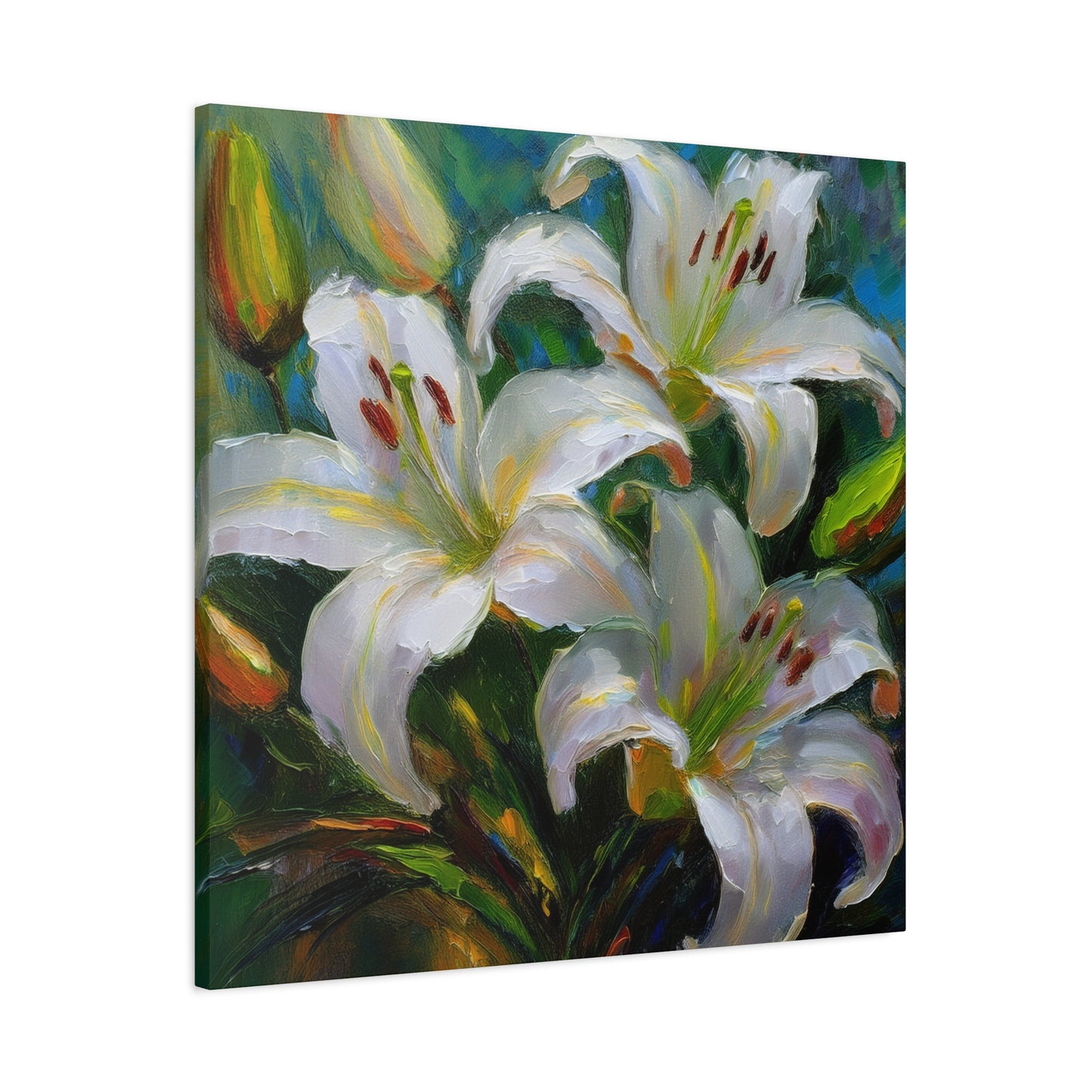 White Lilies Print Canvas, Floral Oil Paint Print 20x20, 24x24, 30x30, 32x32, 36x36 Art Design Pine-Wood Inner Frame MC-155