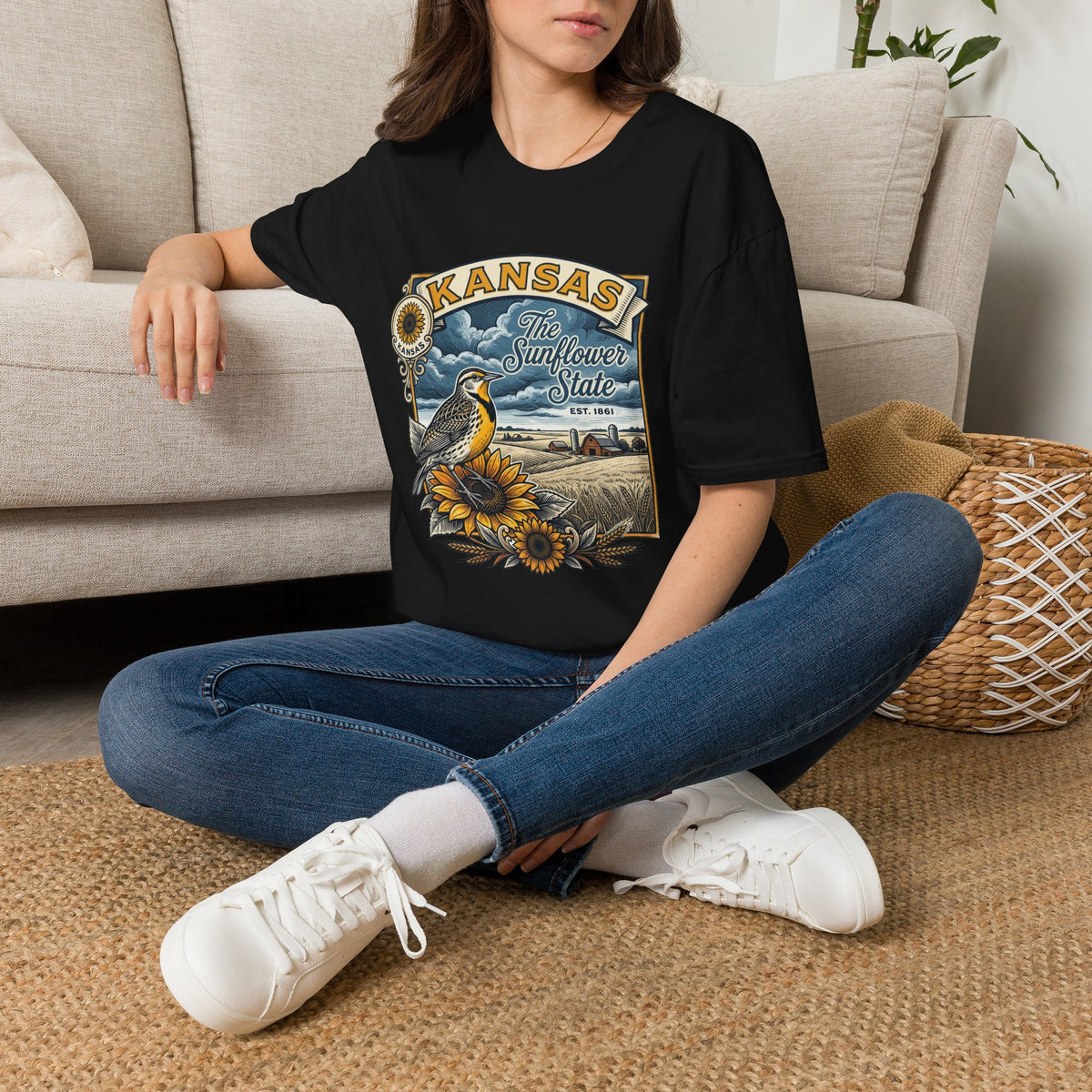 Kansas Sunflower State T-Shirt | Meadow Bird Vintage Travel Tourist Graphic Design Unisex 100 Cotton Gildan T-Shirt