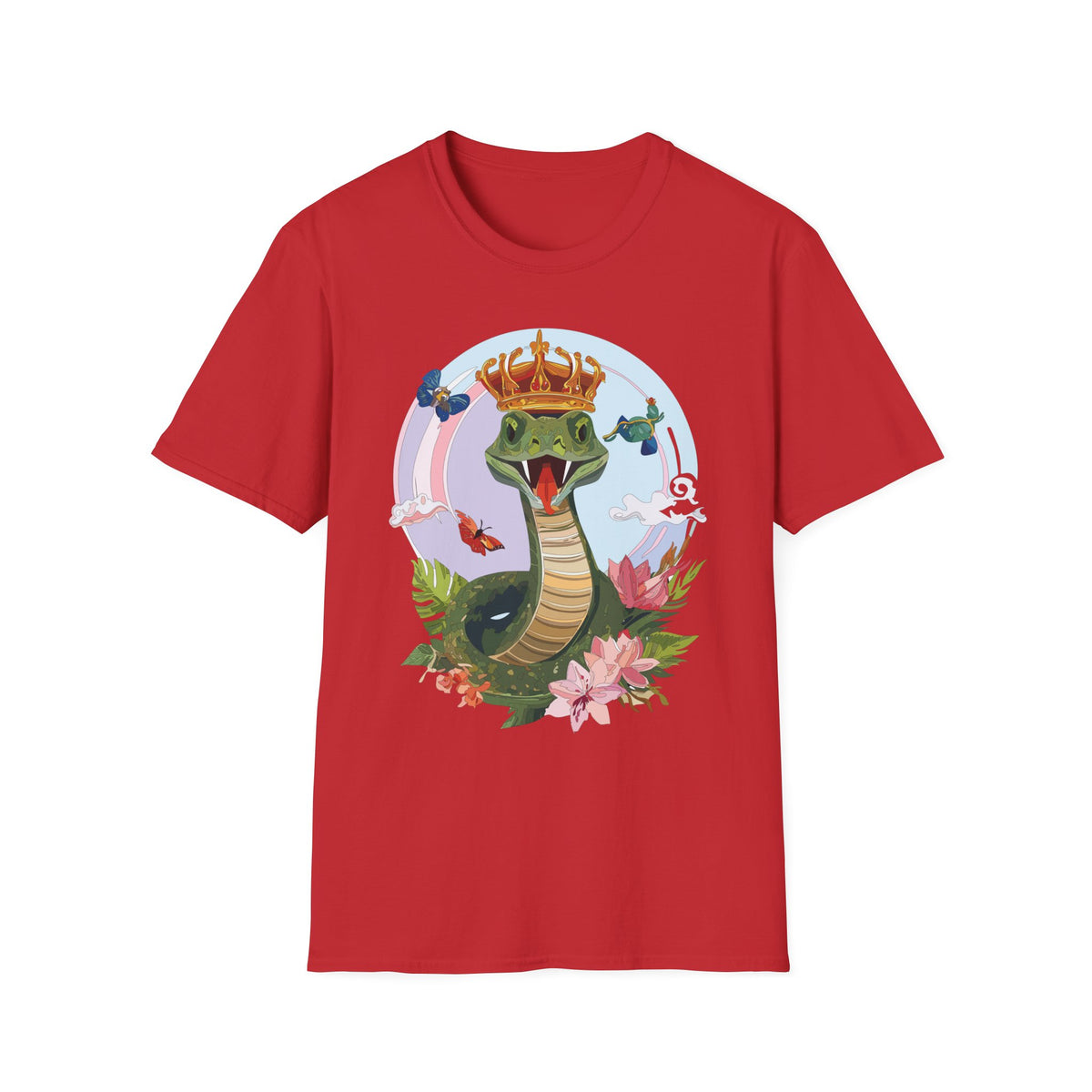 Crowned Snake Illustration T-Shirt | Regal Snake with Crown and Butterflies