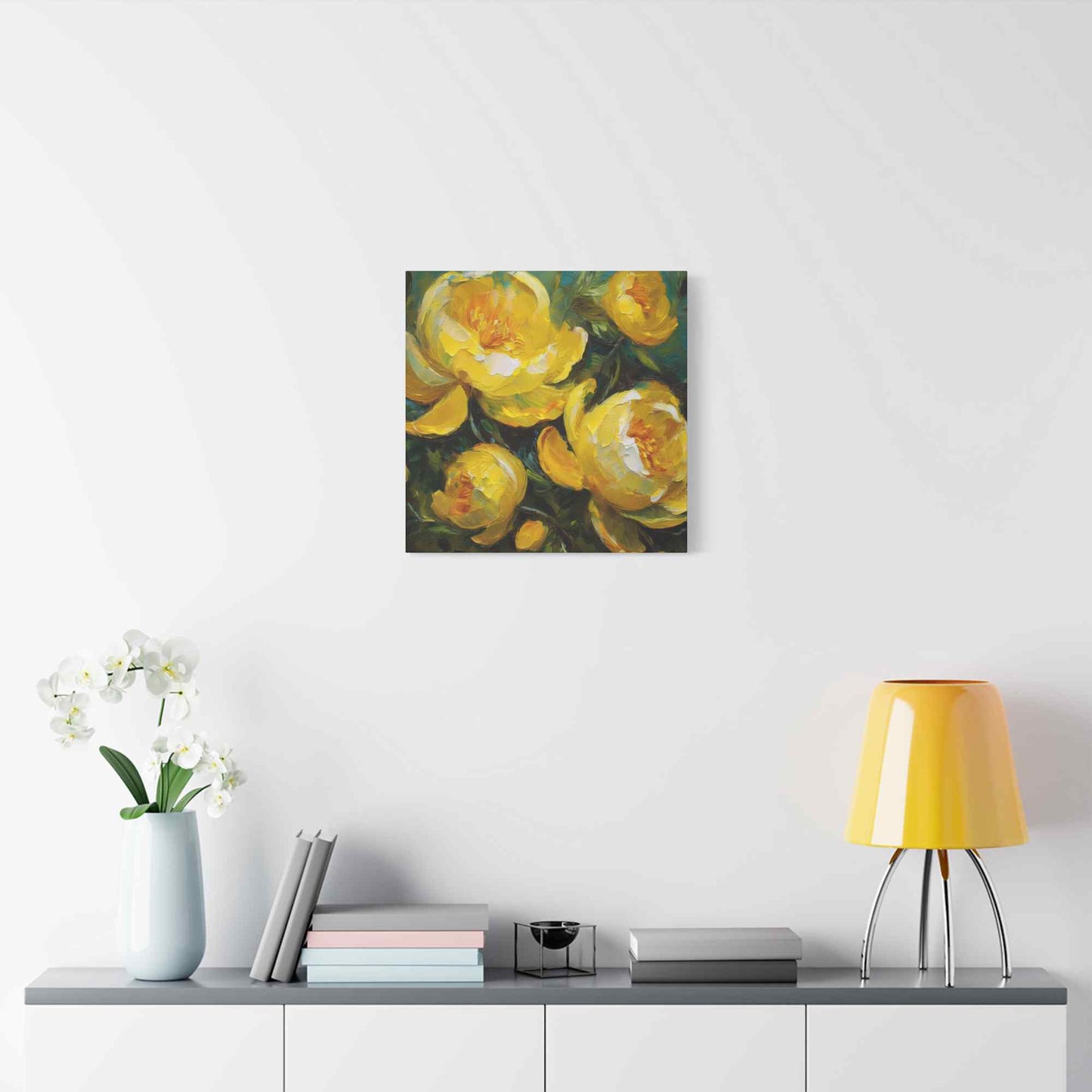 Yellow Peonies Print Canvas, Floral Oil Paint Print 20x20, 24x24, 30x30, 32x32, 36x36 Art Design Pine-Wood Inner Frame MC-122