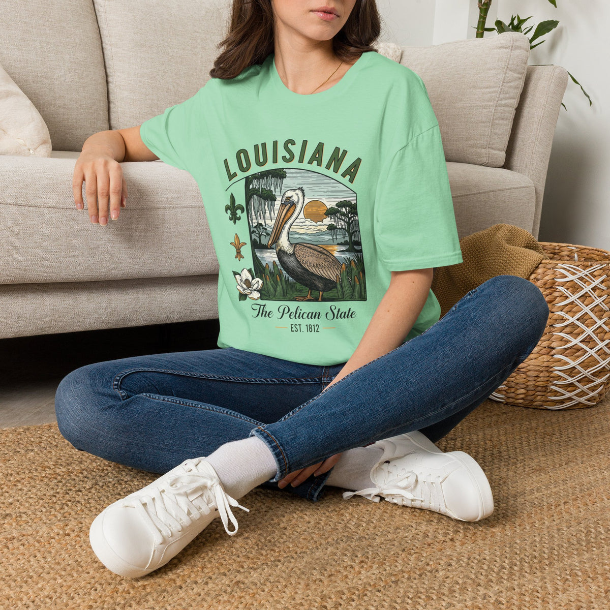 Louisiana Pelican State Graphic T-Shirt — Vintage Bayou Sunset Travel Tourist Graphic Design Unisex 100 Cotton Gildan T-Shirt