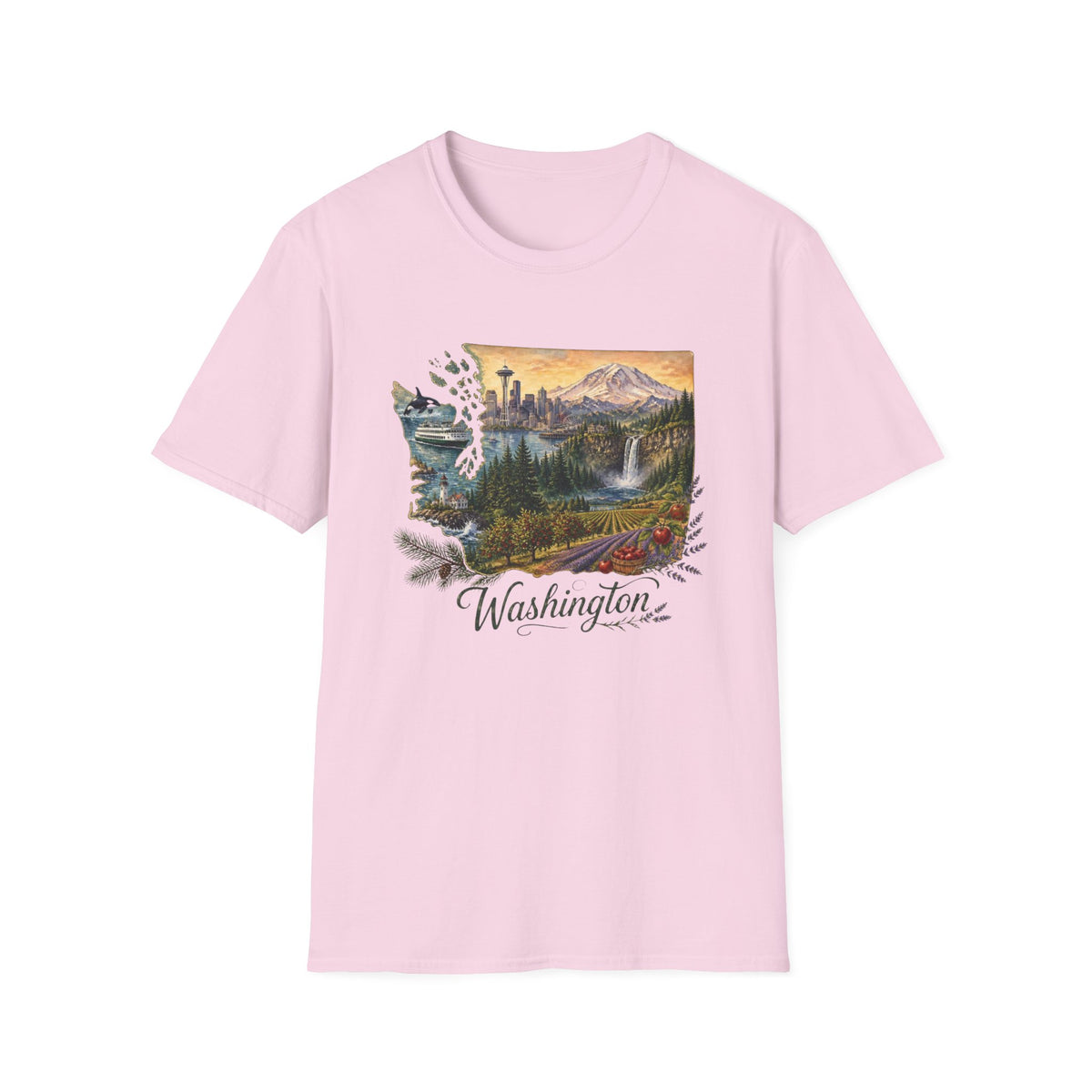 Washington Scenic T-Shirt — Vintage Mountain & Waterfall State Travel Tourist Graphic Design Unisex 100 Cotton Gildan T-Shirt