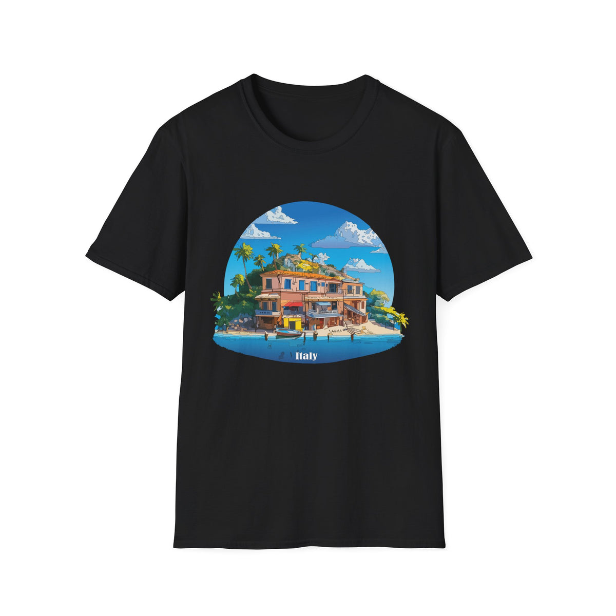 Italy Tropical Beach House Palm Trees T-Shirt | Seaside Villa Illustration