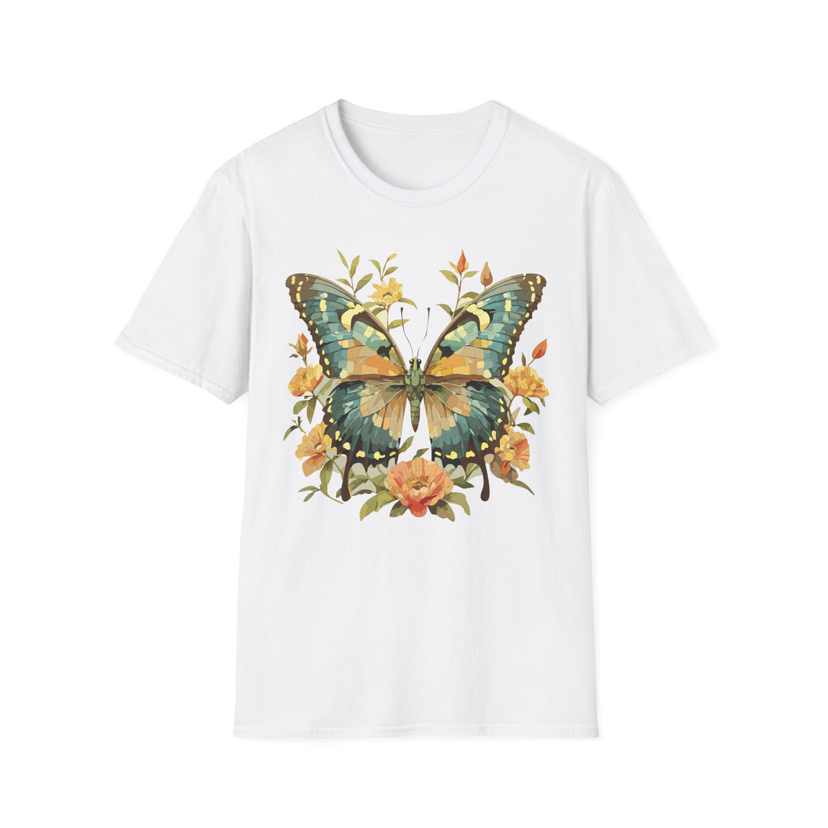 Butterfly Floral T-Shirt — Vintage Green & Gold Garden Graphic Tee Unisex 100 Cotton Gildan T-Shirt