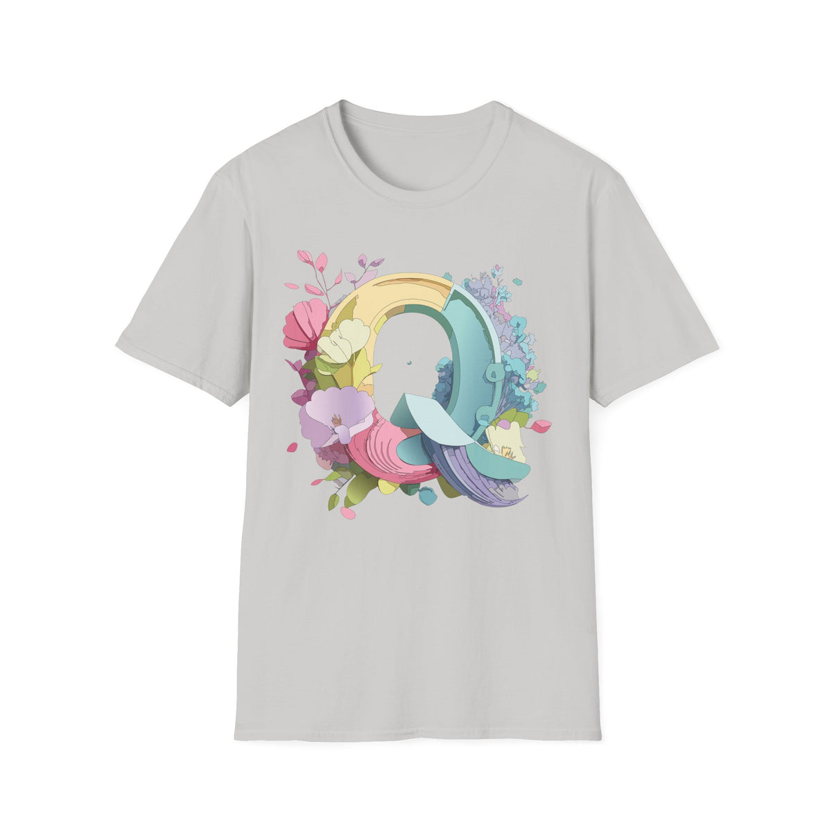 Floral Letter Q T-Shirt | Pastel Rainbow Monogram Tee
