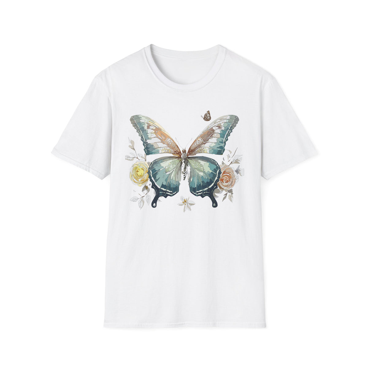 Teal Watercolor Butterfly T-Shirt | Floral Accent Graphic Tee Unisex 100 Cotton Gildan T-Shirt