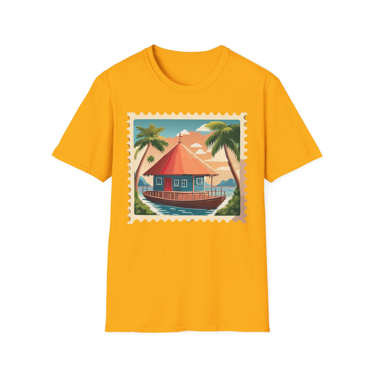 Tropical Beach Cottage T-Shirt | Palm Trees, Sunset Hut Graphic Tee Unisex 100 Cotton Gildan T-Shirt