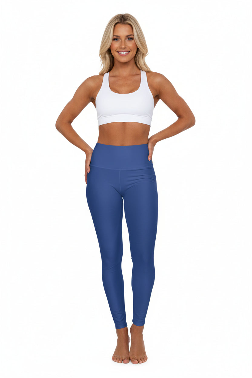 High-Waist Dusk Blue Yoga Leggings Women's Seamless Poly-Span Stretchy Comfortable Solid Blue Activewear for Pilates