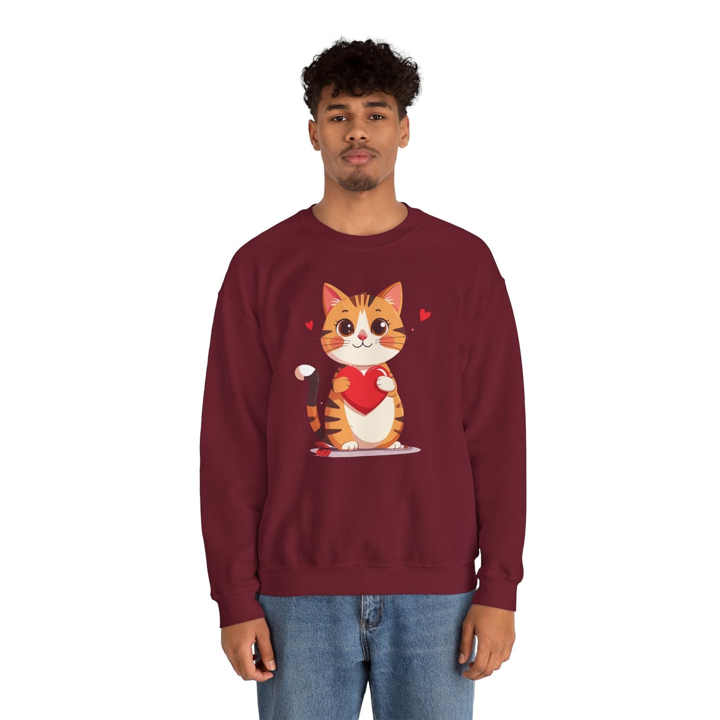 Cat Heart Sweatshirt Unisex Fifty Fifty Cotton Polyester Crewneck Valentines Day Gildan 18000