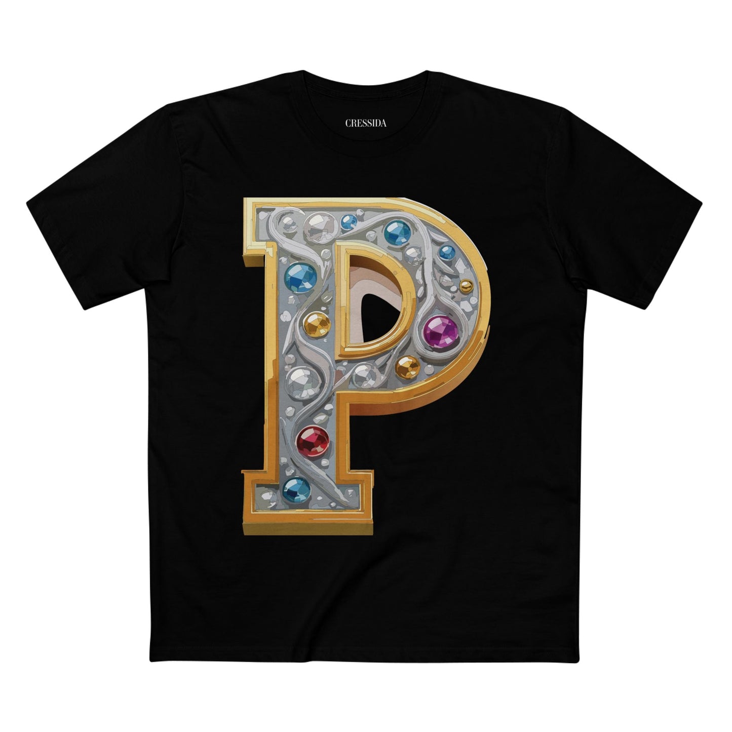 Letter P Graphic Design Tee Unisex 100 Cotton With Antique Gold Letters Artwork T-Shirt