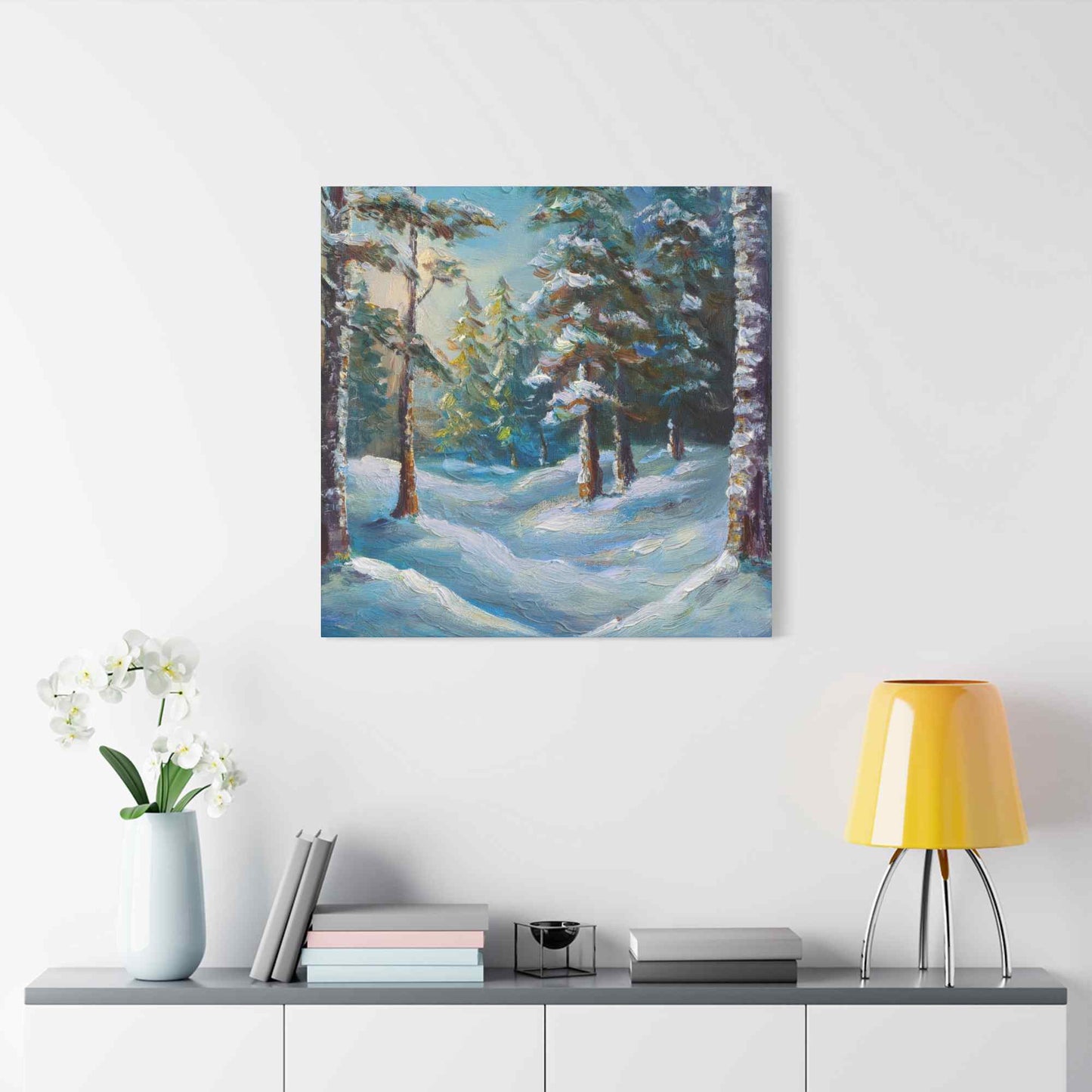 Snow Forest Print Canvas, Oil Paint Print 20x20, 24x24, 30x30, 32x32, 36x36 Art Design Print Pine-Wood Inner Frame MC-75