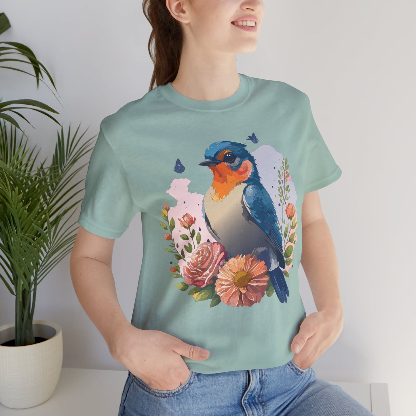 Floral Bird Tee, Animal Shirt, Bird Shirt, Floral Tee, Flower T-shirt, T-Shirt with Animal