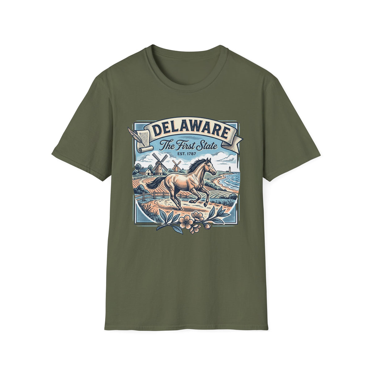 Delaware 'The First State' Scenic Travel Tourist Graphic Tee Unisex 100 Cotton Gildan T-Shirt