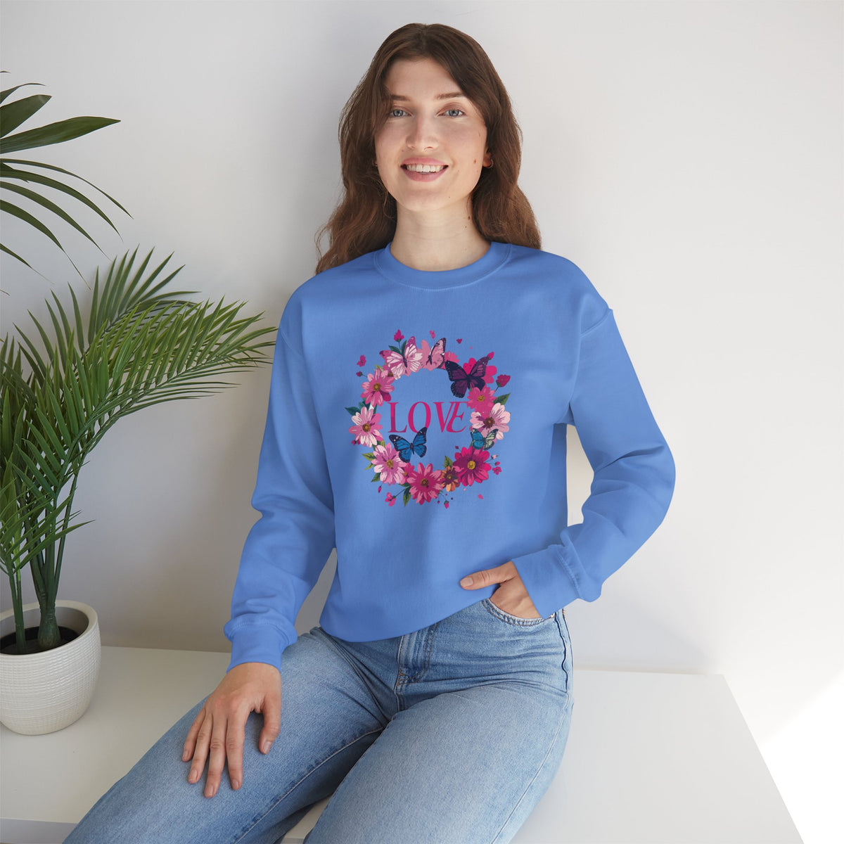 Unisex Floral Love Sweatshirt, Love Floral Sweatshirt, Floral Butterfly Sweatshirt, 50/50 Cotton-Poly Valentine's Day Sweatshirt 04