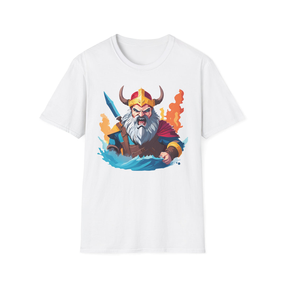 Viking Warrior Illustration T-Shirt | Horned Helmet, Sword, Flames