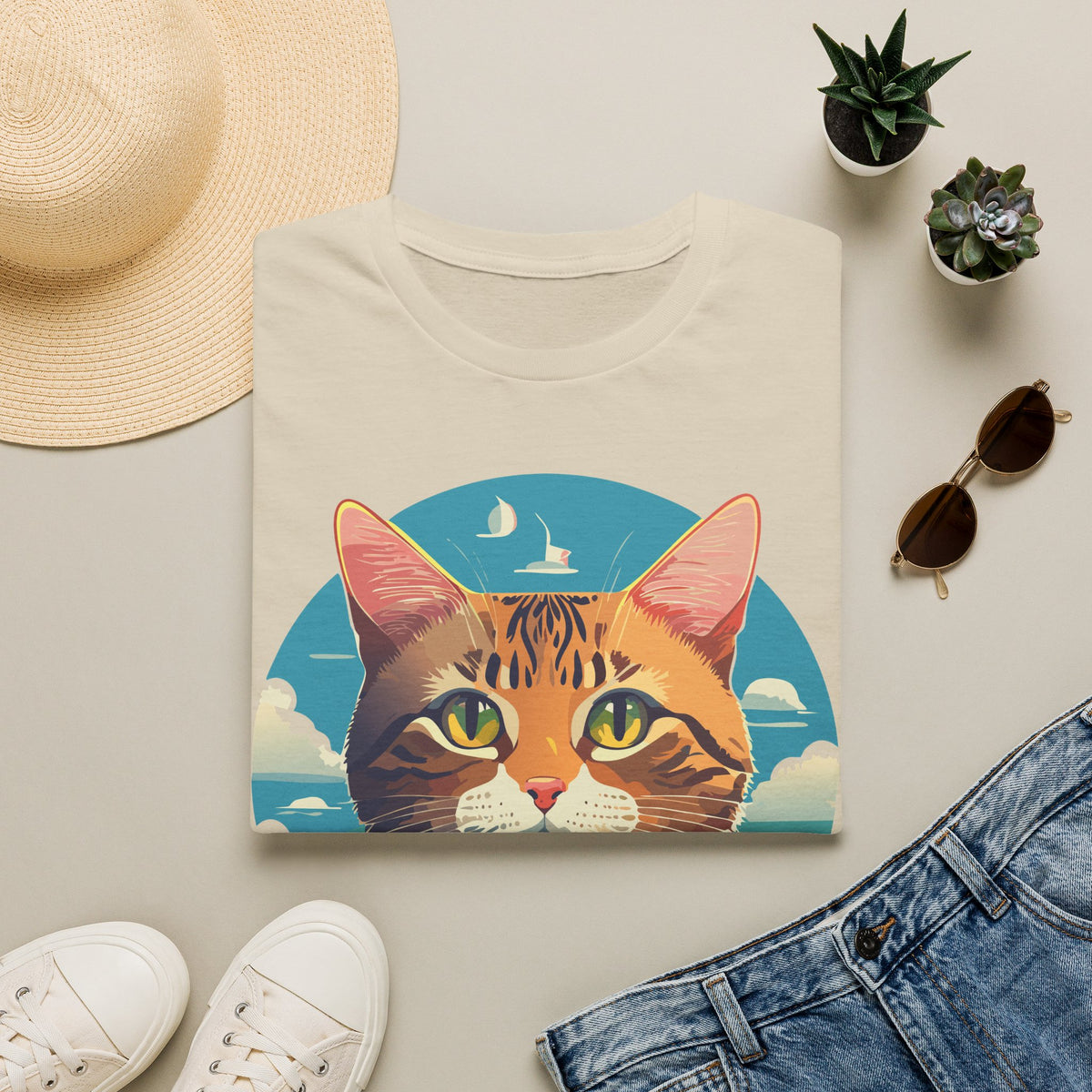 Sunset Tabby Cat T-Shirt | Cat Portrait Tee, Beach Sky Illustration