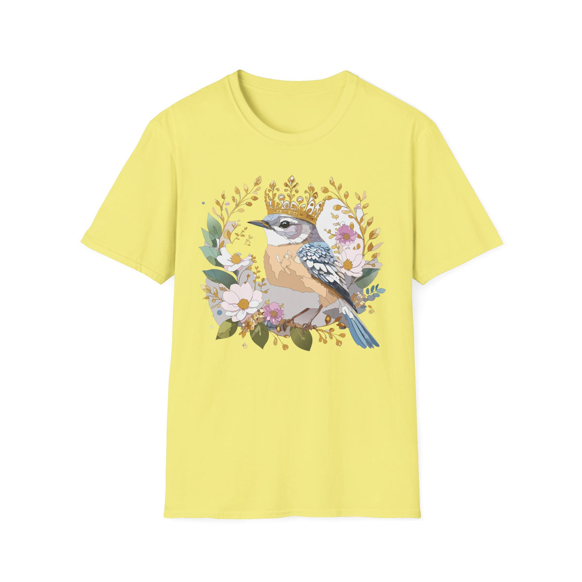 Blue Jay with Floral Wreath and Crown T-Shirt | Bird Illustration