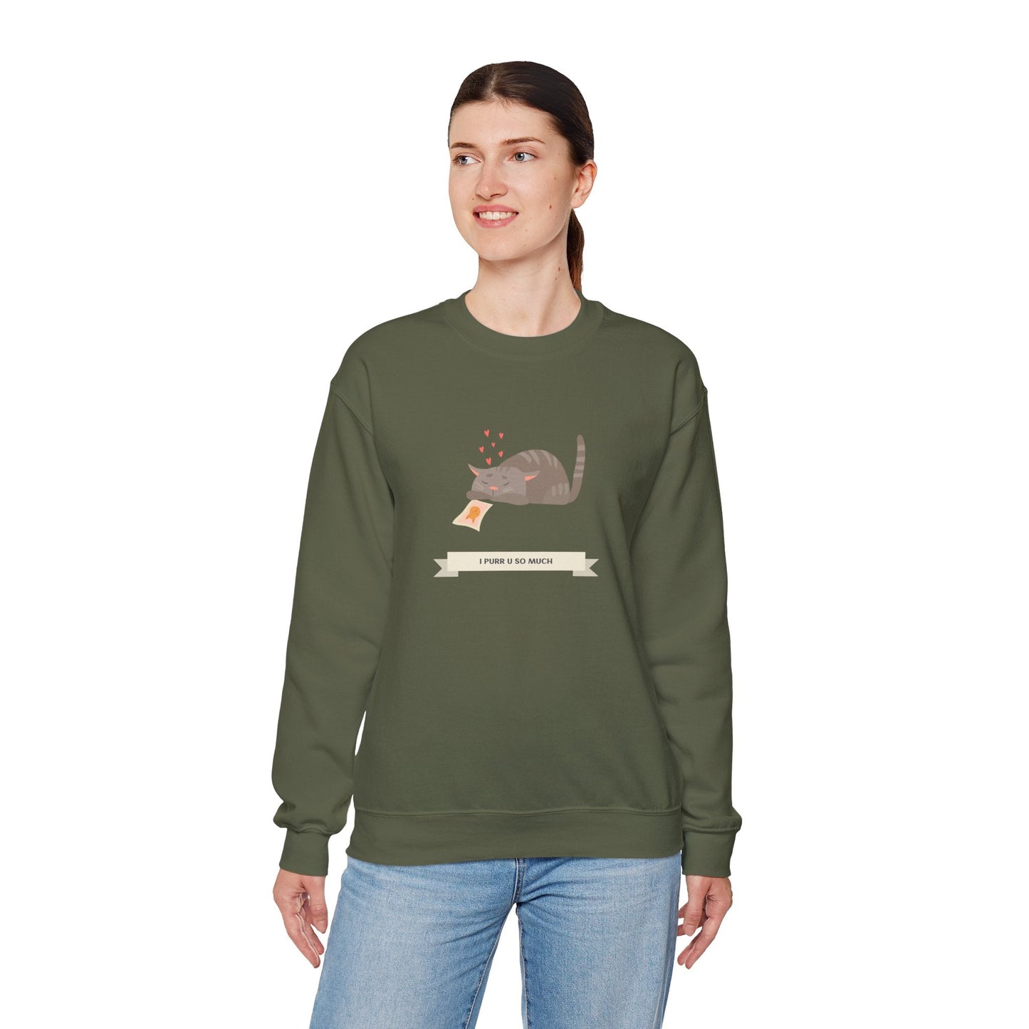 Cat Heart Sweatshirt Unisex 50/50 Cotton Poly Valentine Day Crewneck Gildan 18000