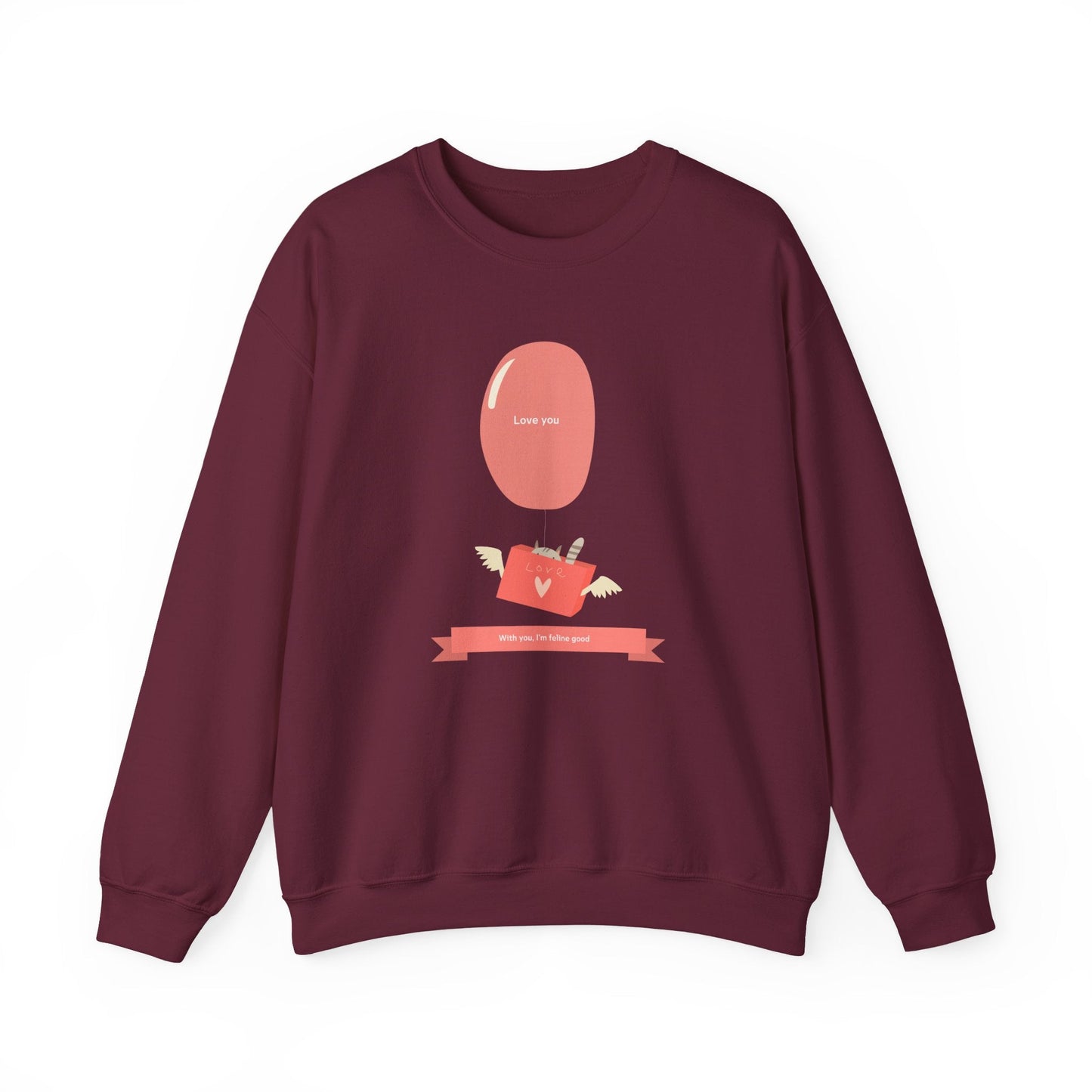 Cat Love Balloon Sweatshirt Unisex Fifty Fifty Cotton Poly Valentine Heavy Blend Crewneck Sweatshirt
