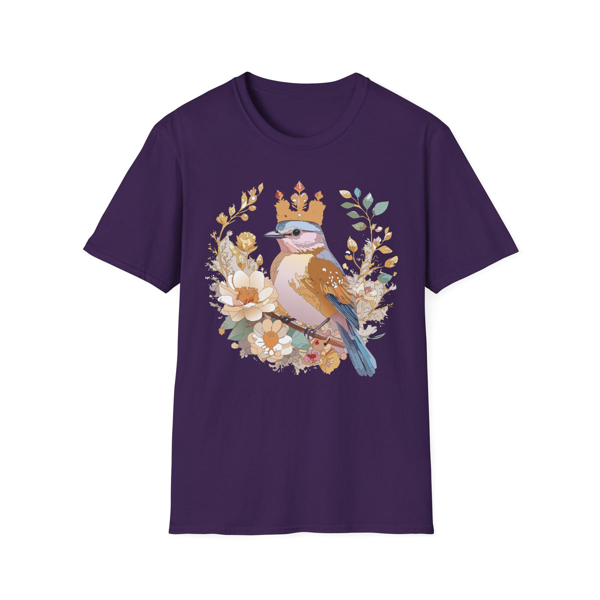 Crowned Blue Jay Bird Floral Illustration T-Shirt | Nature Bird Tee