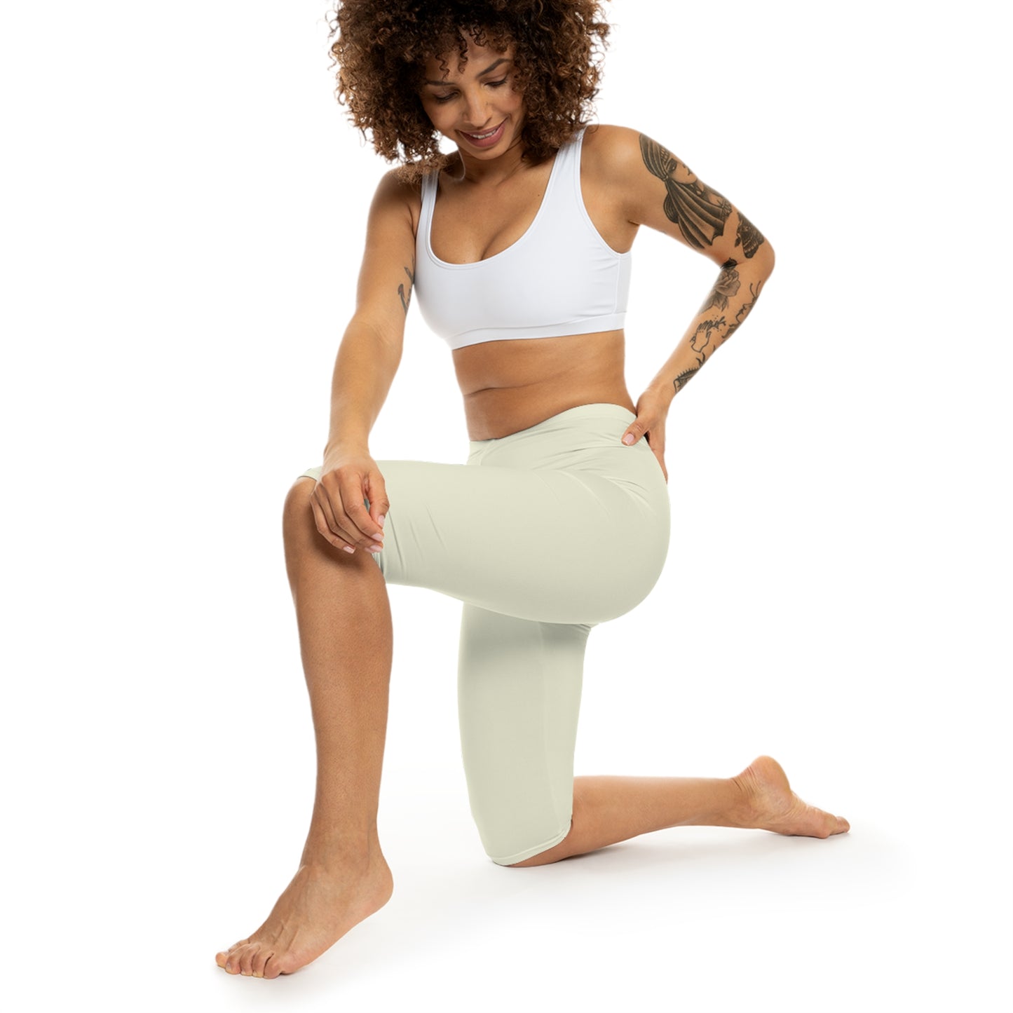 Beige Color Women's Brushed Suede Poly Span Casual Capri Leggings XS-2XL