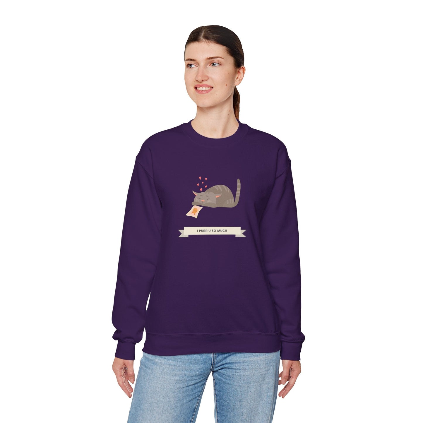 Cat Heart Sweatshirt Unisex 50/50 Cotton Poly Valentine Day Crewneck Gildan 18000
