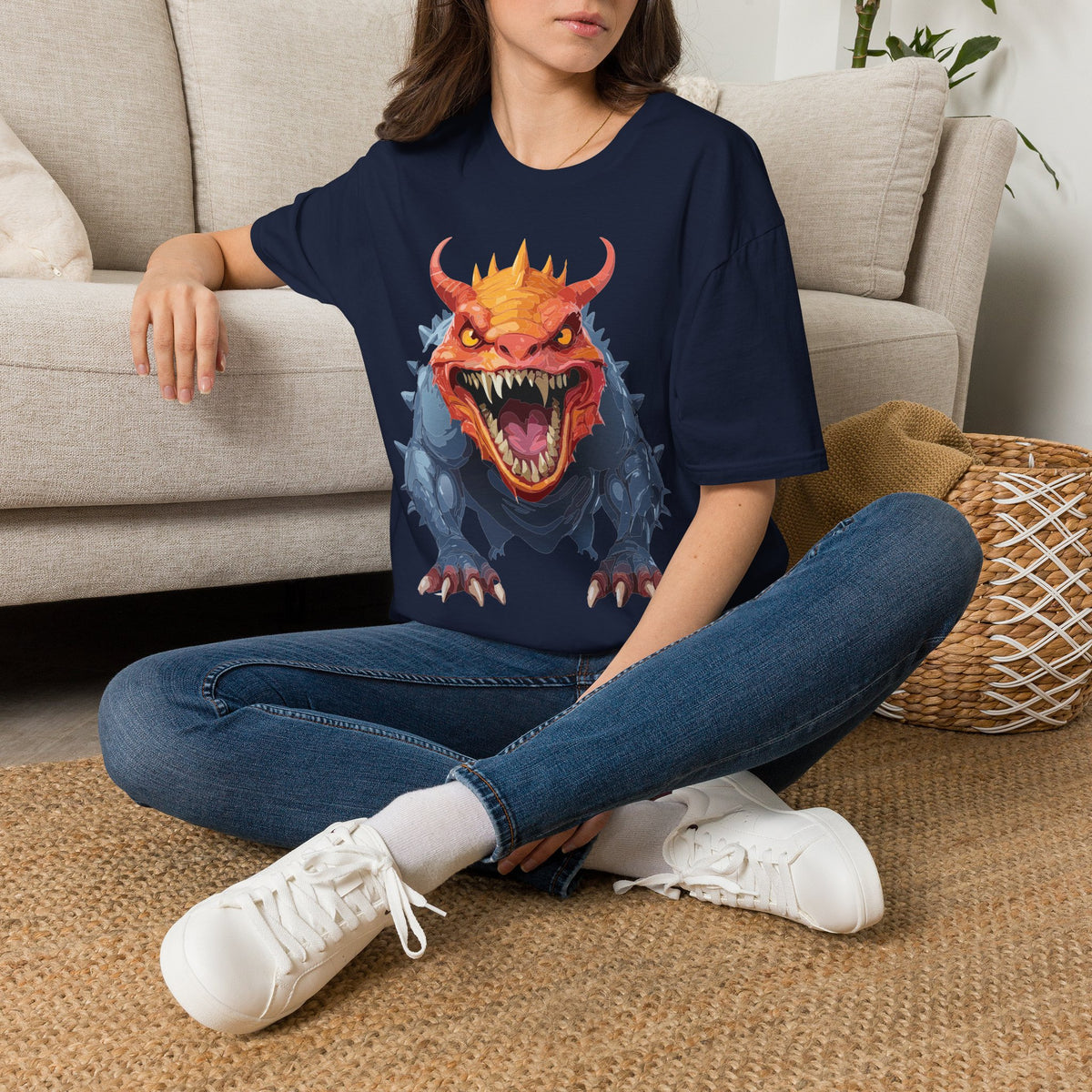 Dragon Monster T-Shirt — Fierce Orange & Blue Fantasy Creature Cartoon Graphic Tee Unisex 100 Cotton Gildan T-Shirt