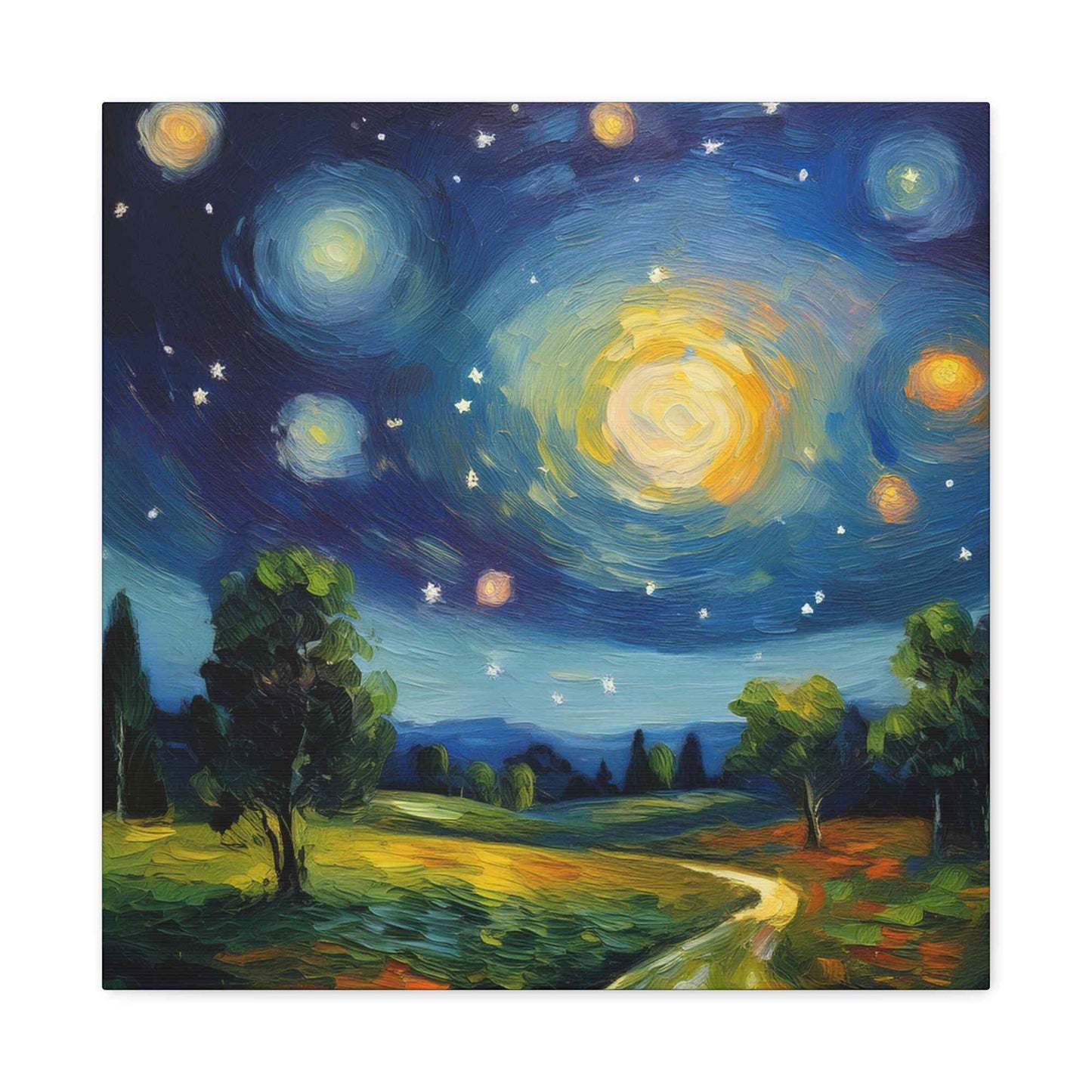 Starry Night Print Canvas, Oil Paint Print 20x20, 24x24, 30x30, 32x32, 36x36 Art Design Print Pine-Wood Inner Frame MC-40