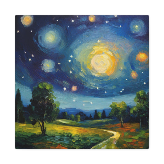 Starry Night Print Canvas, Oil Paint Print 20x20, 24x24, 30x30, 32x32, 36x36 Art Design Print Pine-Wood Inner Frame MC-40