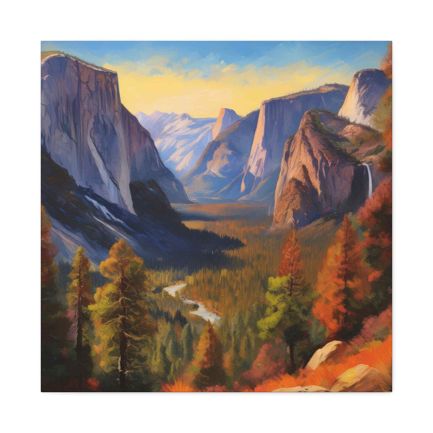 Yosemite Valley Print Canvas, Oil Paint Print 20x20, 24x24, 30x30, 32x32, 36x36 Art Design Print Pine-Wood Inner Frame MC-61