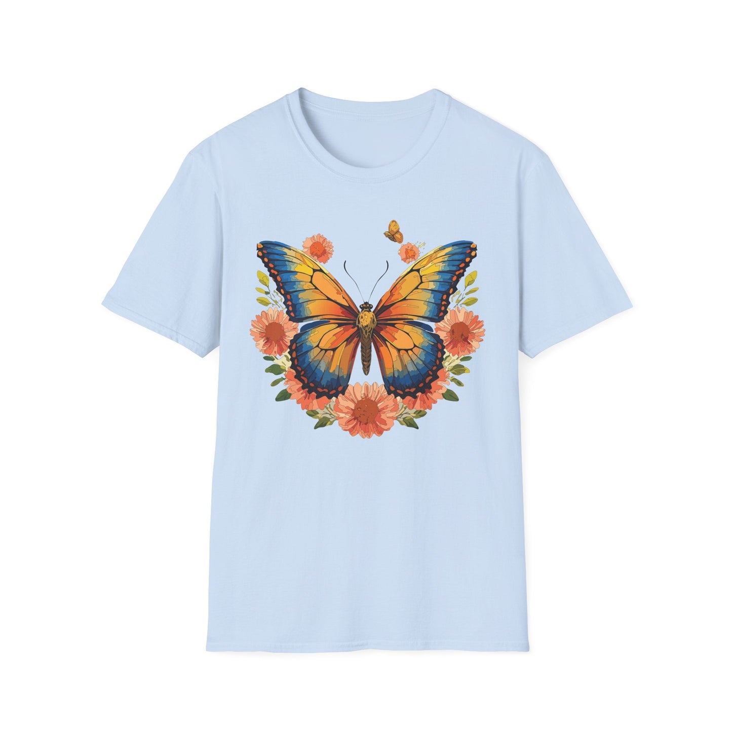 Butterfly T Shirt Unisex Softstyle Gildan 64000 Monarch Print 100 Percent Ring Spun Cotton