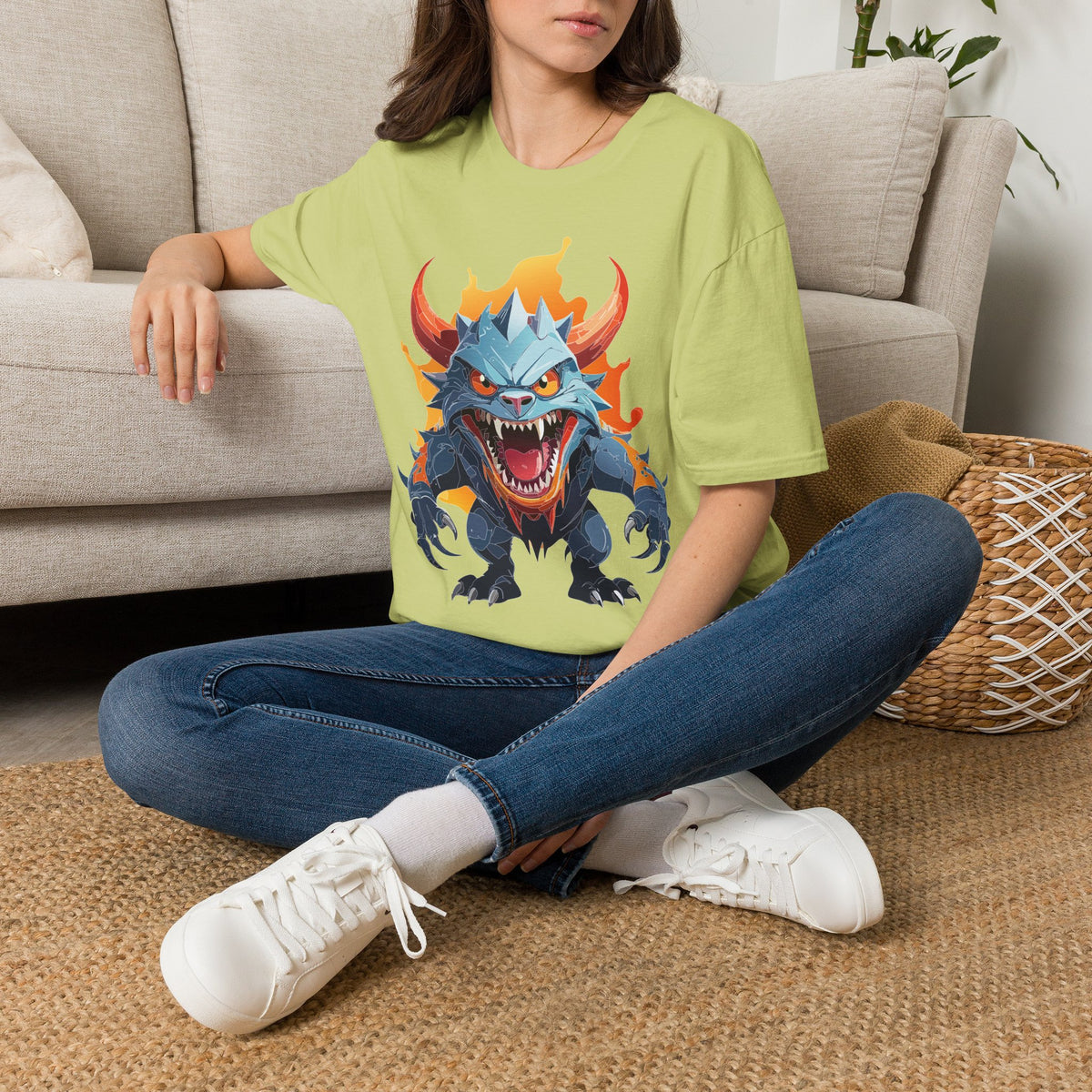 Monster Dragon T-Shirt — Fierce Fire-Breathing Creature Cartoon Graphic Tee Unisex 100 Cotton Gildan T-Shirt