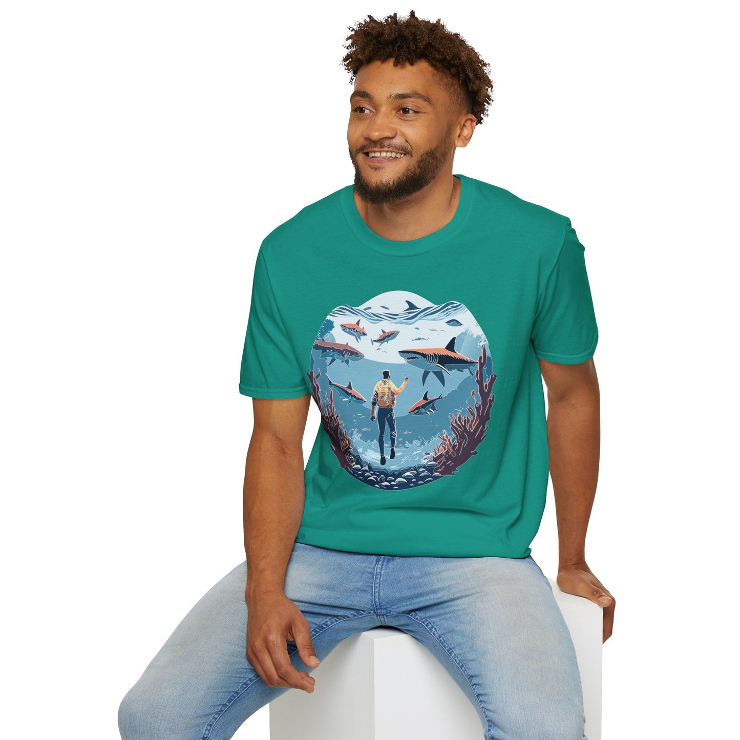 Ocean Theme Unisex Softstyle T Shirt 64000 Cotton Tee With Ocean Art Design Breathable