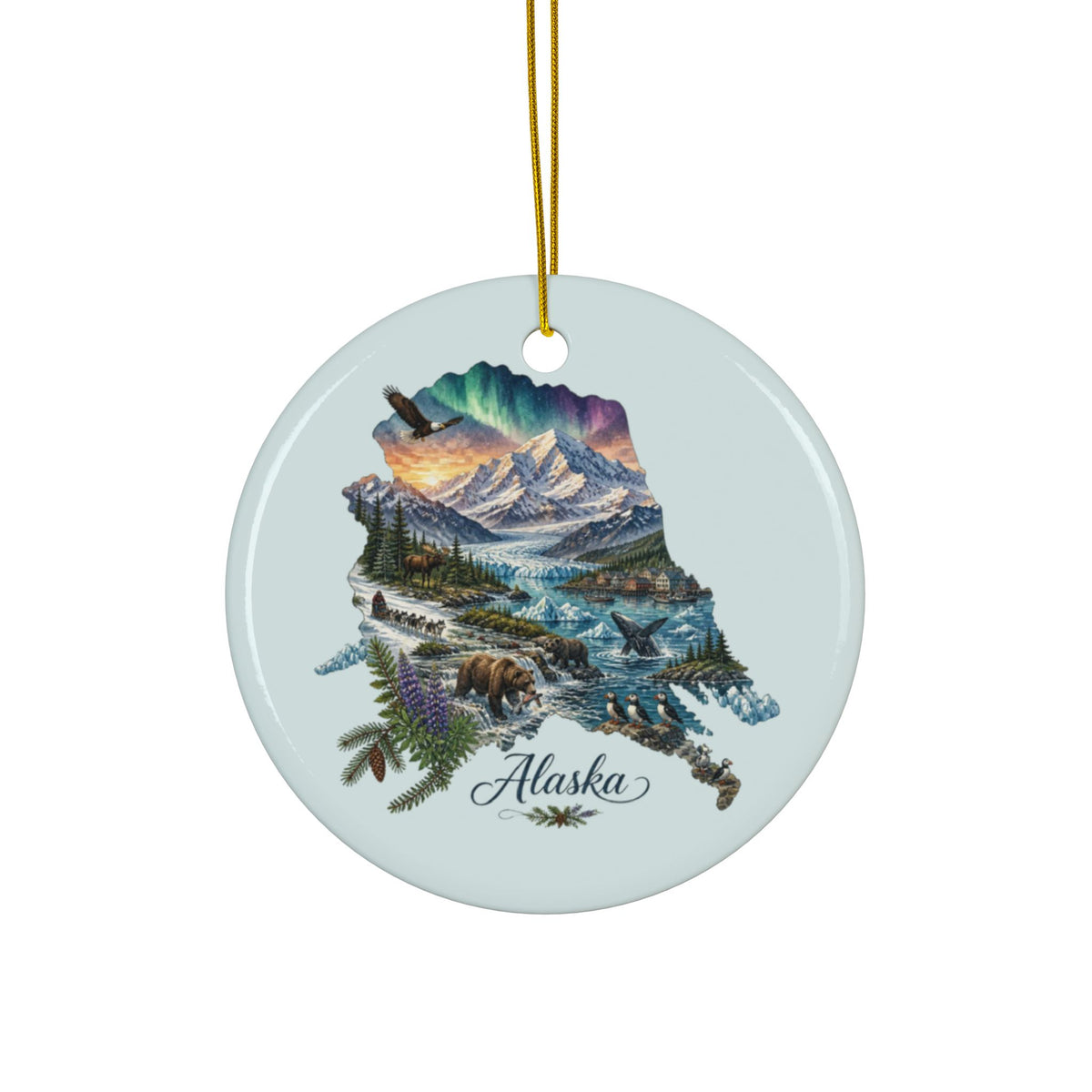 Alaska Landscape Ornament | Ceramic Round Christmas Ornament - 2.99" Includes Gold String