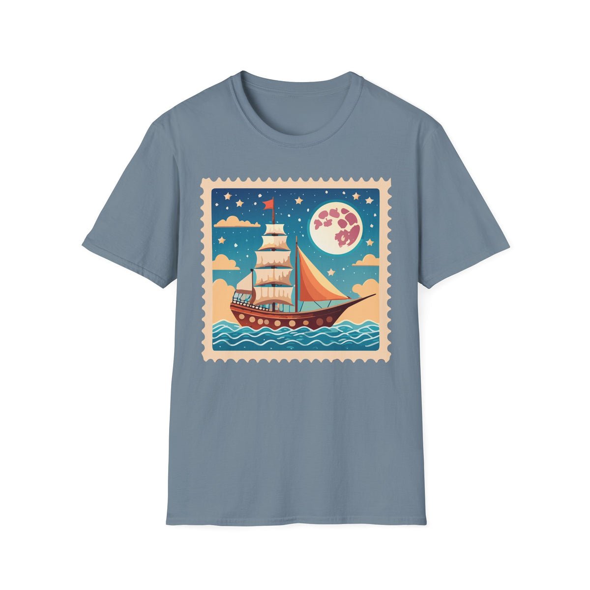 Sailboat Night Scene T-Shirt | Retro Nautical Moon Illustration