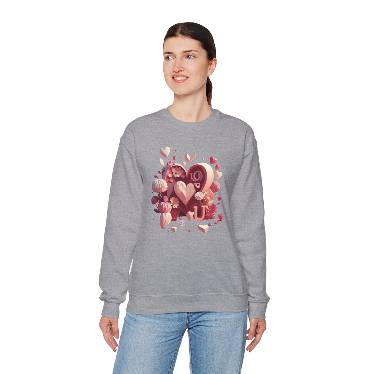 Unisex Floral Big Heart Sweatshirt, Love Floral Sweatshirt, Floral Heart Sweatshirt, 50/50 Cotton-Poly Valentine's Day Sweatshirt 09