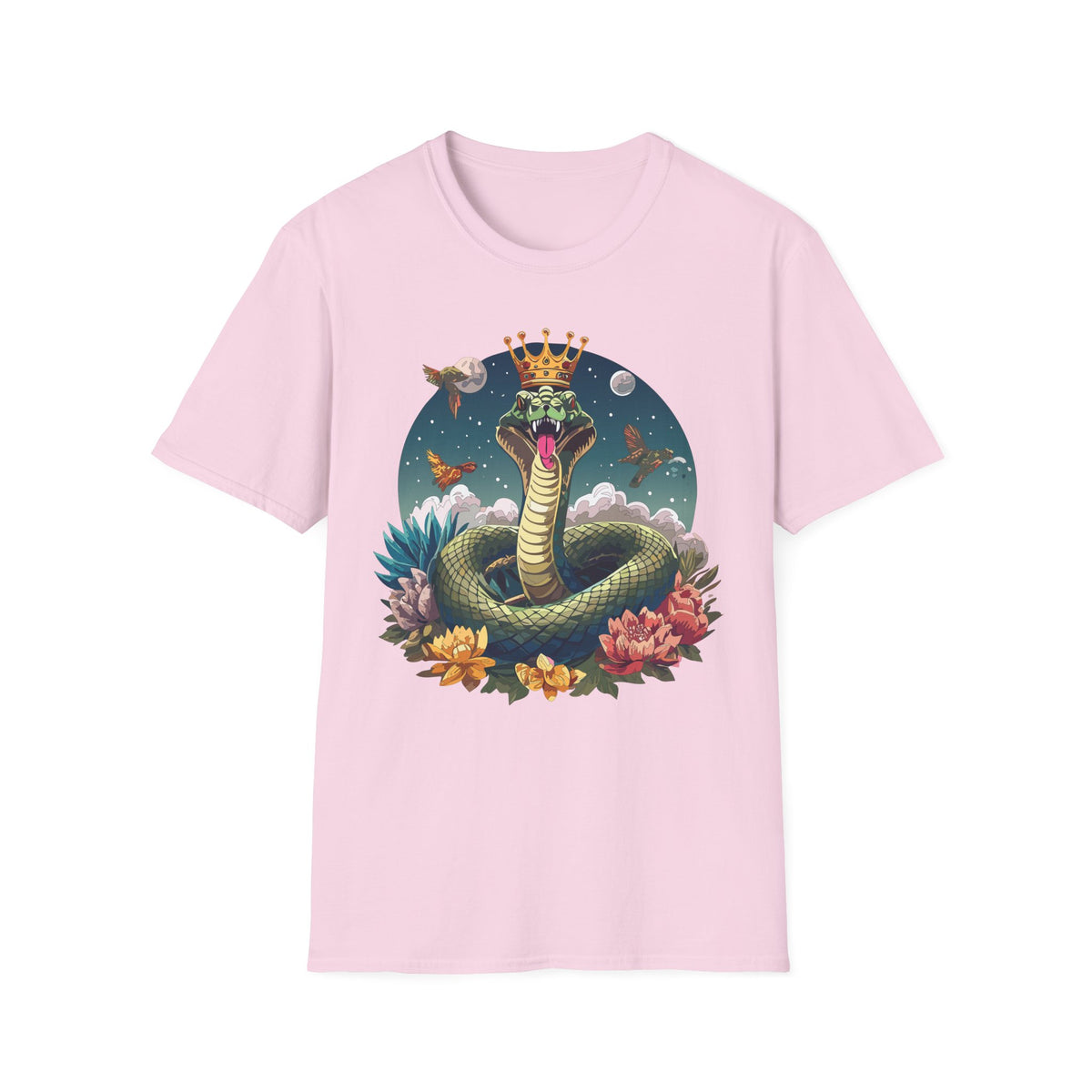 Crowned Snake Illustration T-Shirt | Regal Serpent, Floral Night Scene