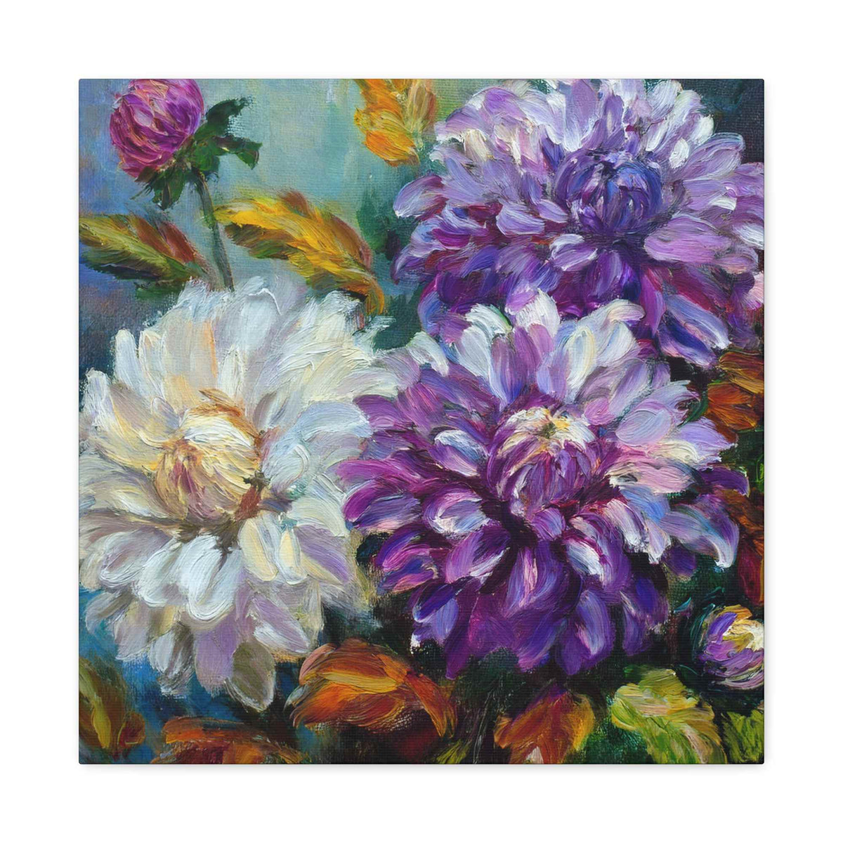 Dahlias Floral Print Canvas, Floral Oil Paint Print 20x20, 24x24, 30x30, 32x32, 36x36 Art Design Pine-Wood Inner Frame MC-173