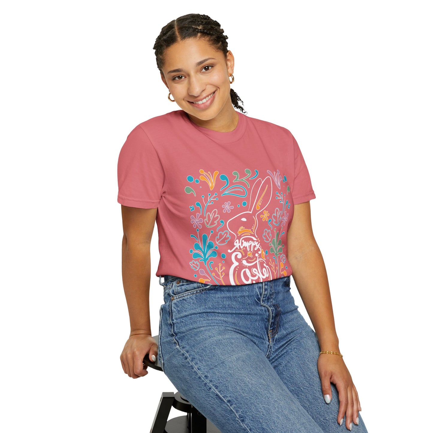 Easter Bunny Floral T-Shirt, Tee Shirt with Easter Signature, T Shirt with Easter Prints, Tee Shirt with Easter Design