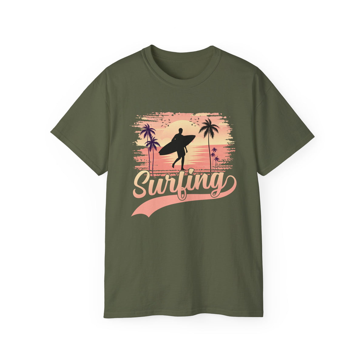 Surfing Silhouette Sunset T-Shirt | Palm Trees, Retro Wave Graphic