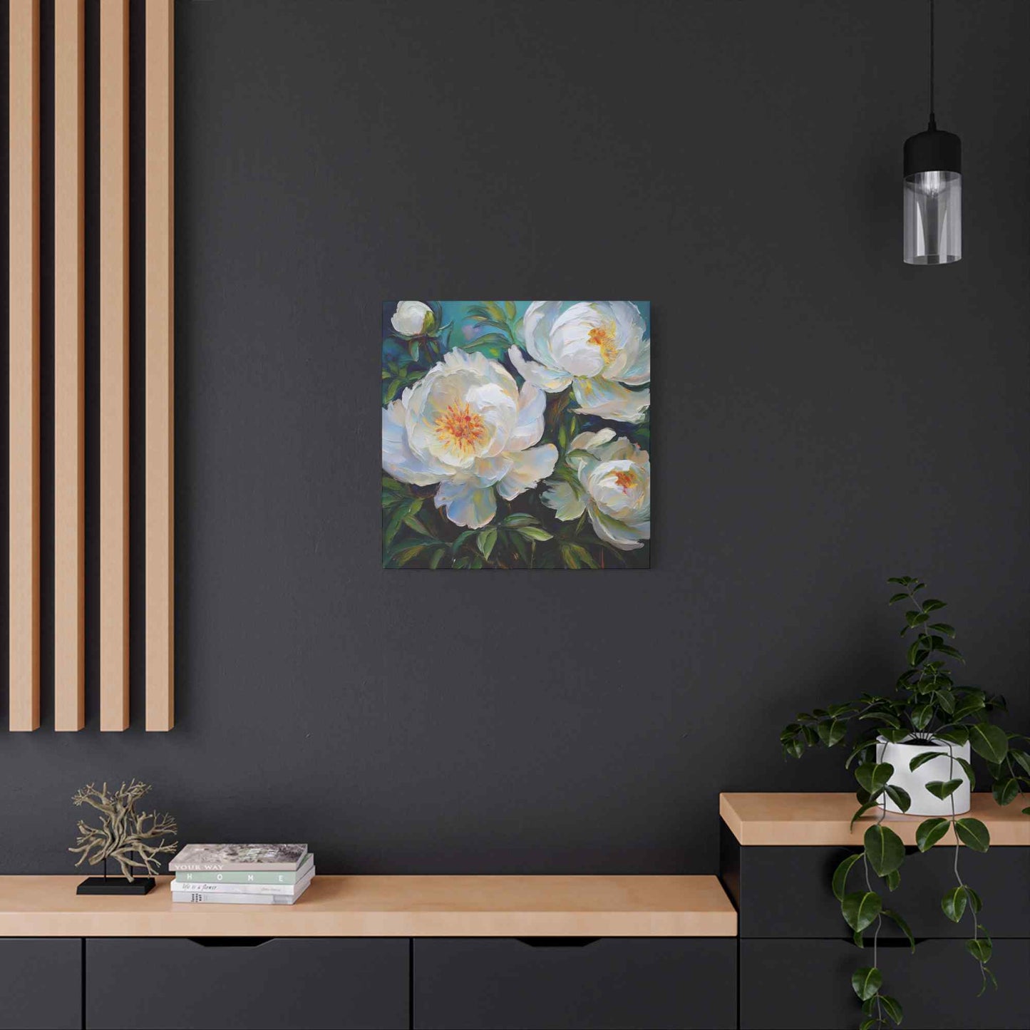 White Peonies Print Canvas, Floral Oil Paint Print 20x20, 24x24, 30x30, 32x32, 36x36 Art Design Pine-Wood Inner Frame MC-119