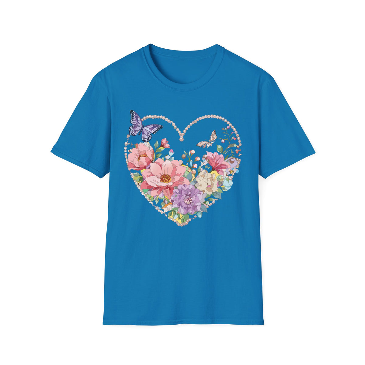 Floral Heart with Butterflies T-Shirt | Romantic Spring Garden Graphic Tee Unisex 100 Cotton Gildan T-Shirt