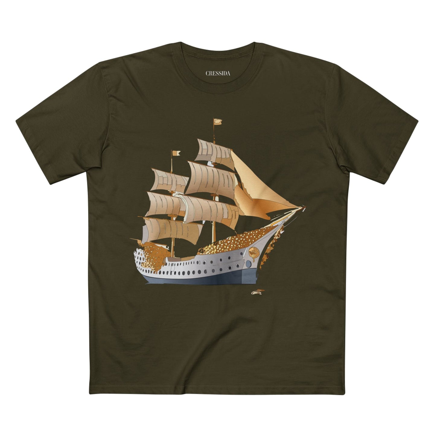 Ship Graphic Unisex 100 Cotton T-Shirt with Gold Frigate Art Design 25