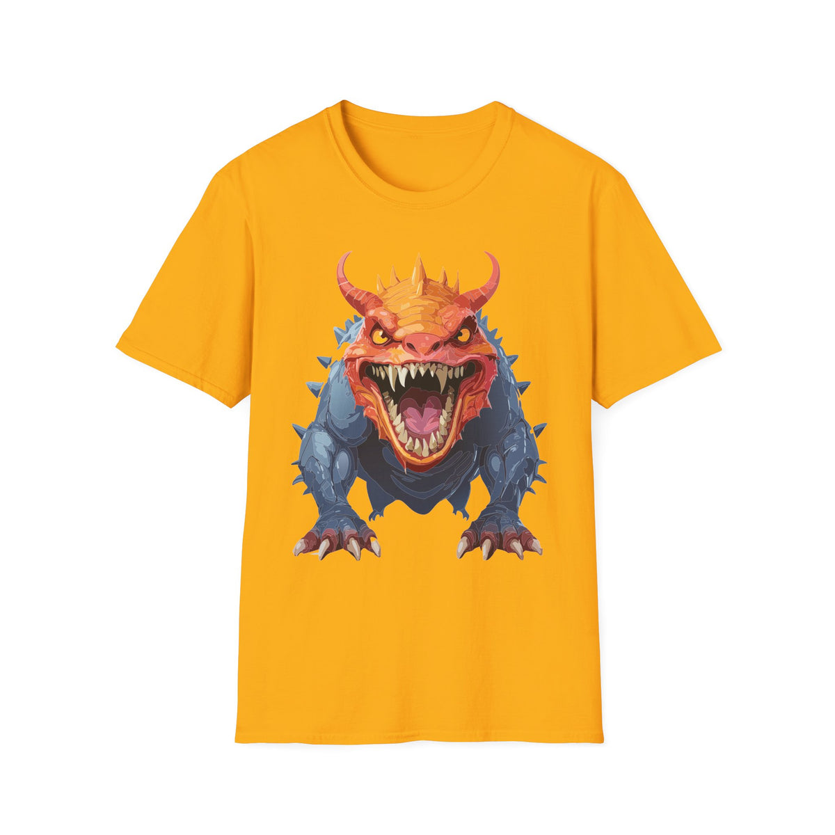 Dragon Monster T-Shirt — Fierce Orange & Blue Fantasy Creature Cartoon Graphic Tee Unisex 100 Cotton Gildan T-Shirt